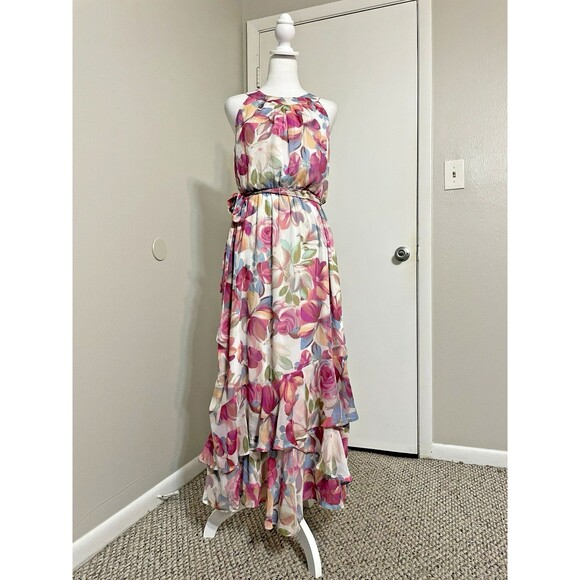 Calvin Klein Maxi Dress  8 Pink Floral Chiffon Long Fairy Cocktail Halter Tiered - Picture 3 of 16